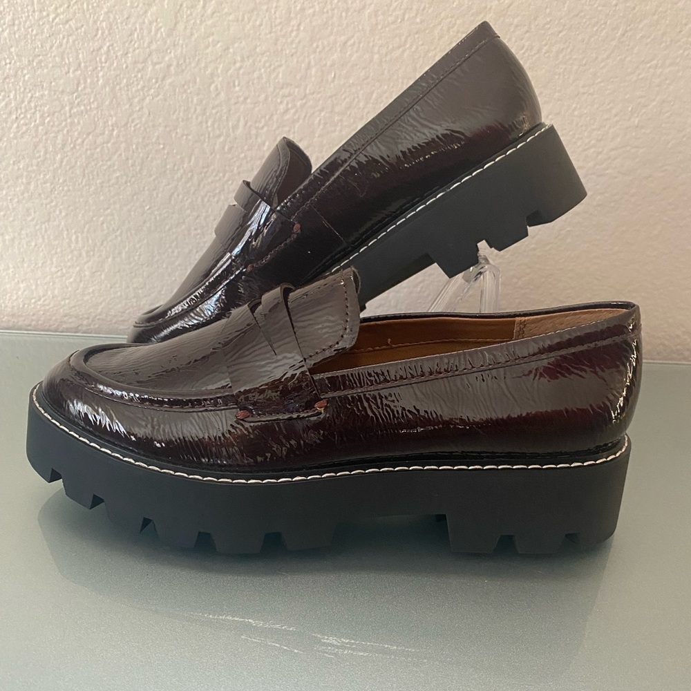 FRANCO SARTO Burgundy Patent Leather Balin Bazel Penny Loafer Platform Slip-On